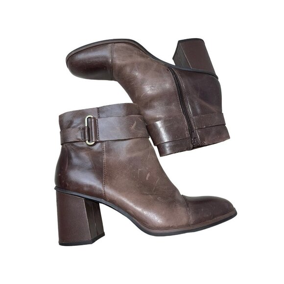 Korks Women's Hanska Booties in Dark Brown Leather Buckle Heeled Distressed 9.5 - Picture 4 of 11